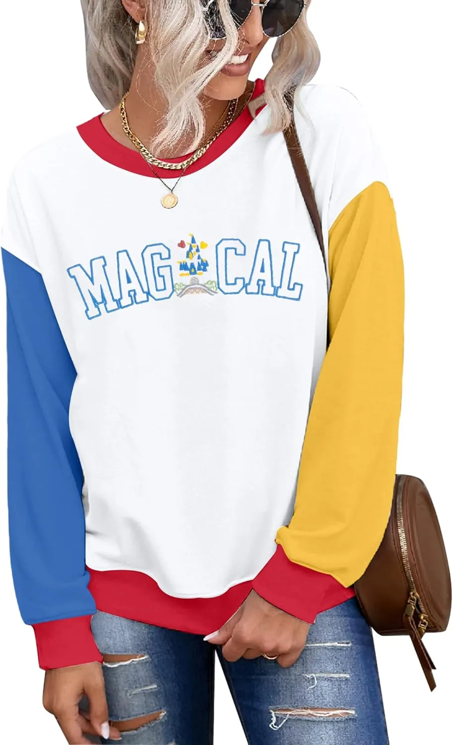 ASTANFY Magic Kingdom Sweatshirt Women Magical Castle Embroidered long Sleeve Shirt Cute Family Vacation Pullover Tops