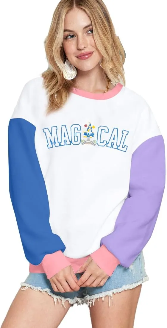 ASTANFY Magic Kingdom Sweatshirt Women Magical Castle Embroidered long Sleeve Shirt Cute Family Vacation Pullover Tops