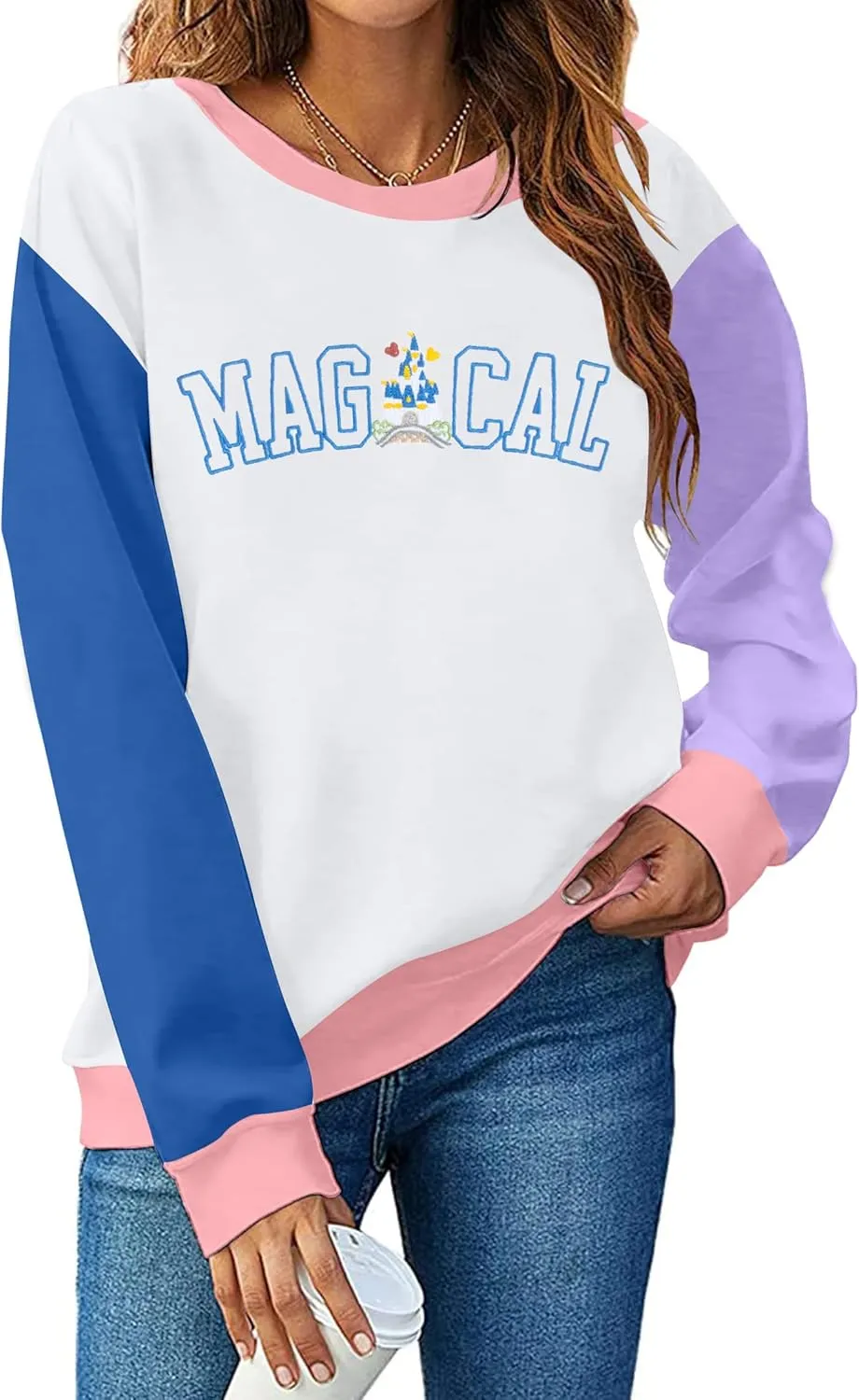 ASTANFY Magic Kingdom Sweatshirt Women Magical Castle Embroidered long Sleeve Shirt Cute Family Vacation Pullover Tops