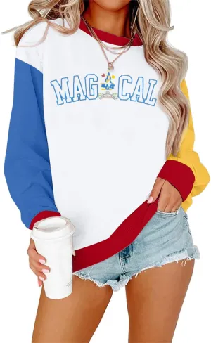 ASTANFY Magic Kingdom Sweatshirt Women Magical Castle Embroidered long Sleeve Shirt Cute Family Vacation Pullover Tops