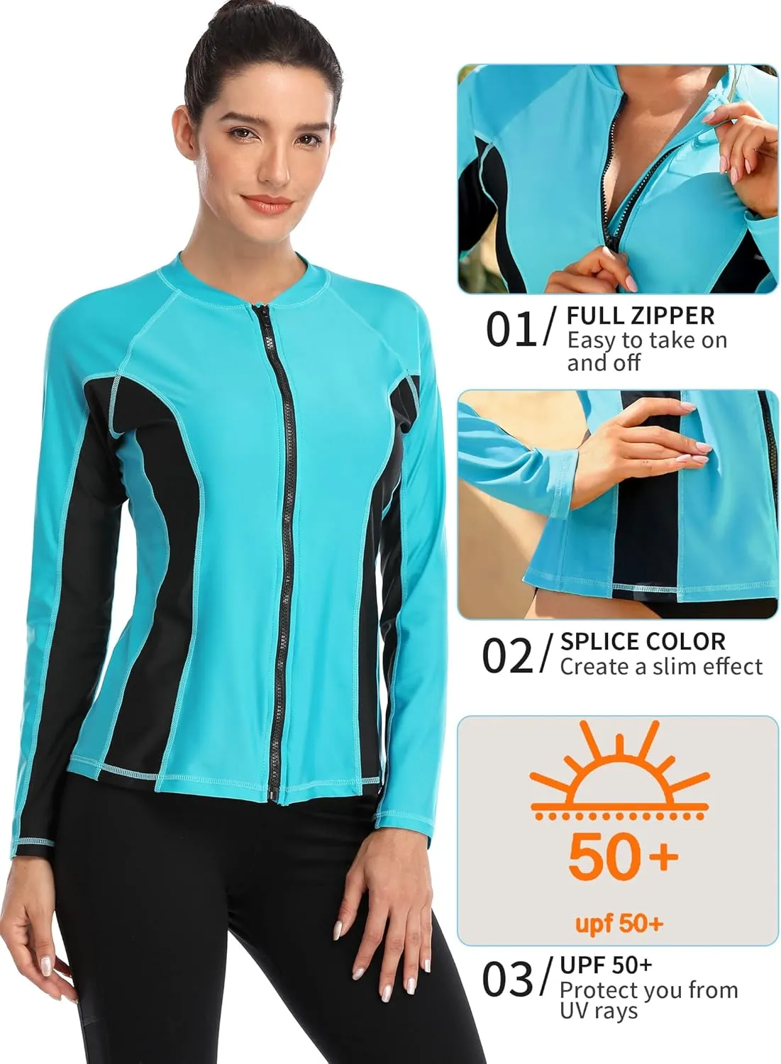 ATTRACO Women's Rashguard Swimsuit Zip Front Sun Protection Swim Shirt UPF 50 