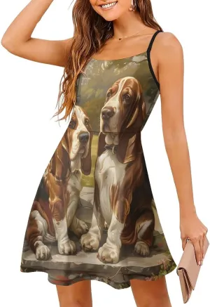 Basset Hounds in The Gate Spaghetti Strap Dresses for Women Sleeveless Short Mini Summer Beach Sundress