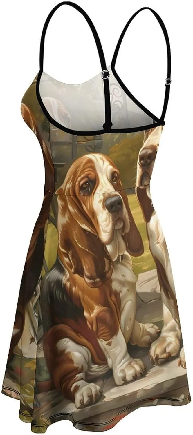 Basset Hounds in The Gate Spaghetti Strap Dresses for Women Sleeveless Short Mini Summer Beach Sundress