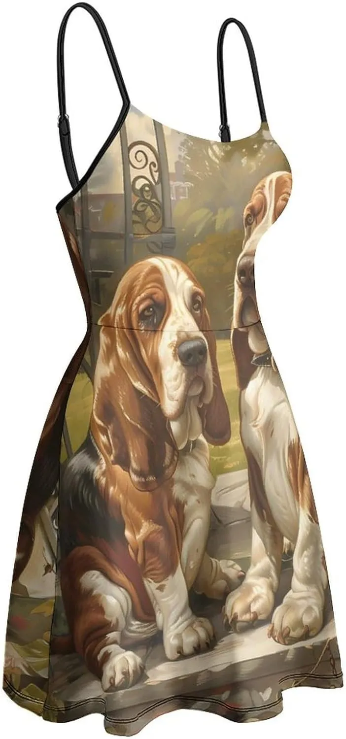 Basset Hounds in The Gate Spaghetti Strap Dresses for Women Sleeveless Short Mini Summer Beach Sundress