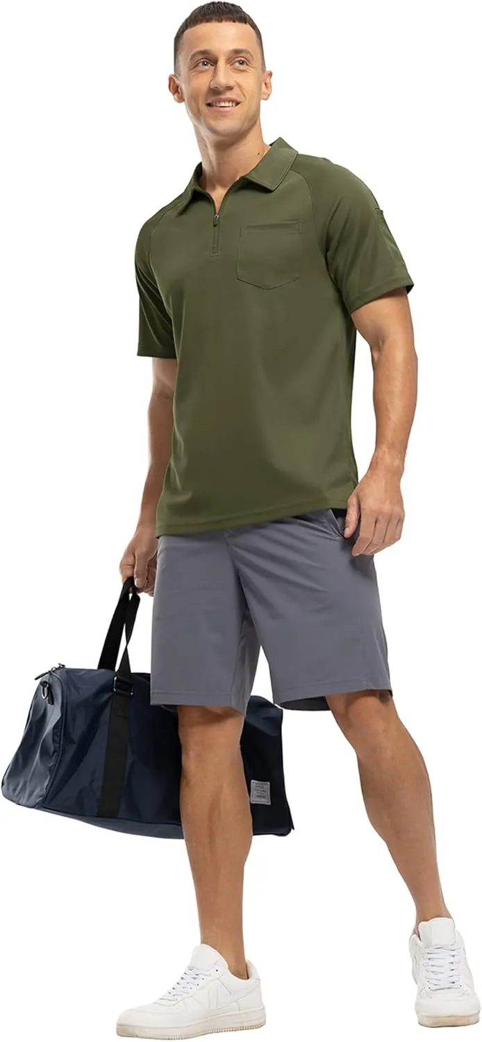 BASUDAM Men's Zippered Polo Shirts with Pocket Quick Dry Short Sleeve Active Performance