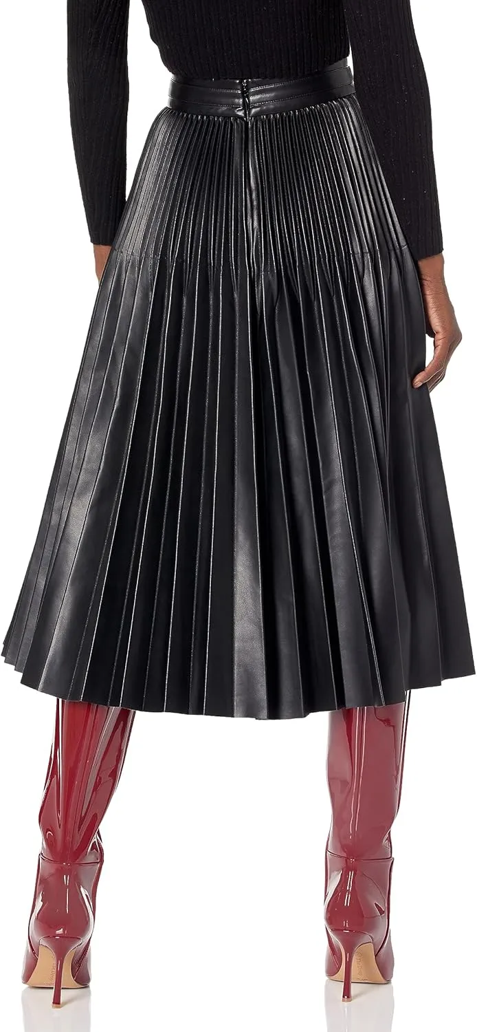 BCBGMAXAZRIA Women's Faux Leather Pleated Skirt with Back Zipper
