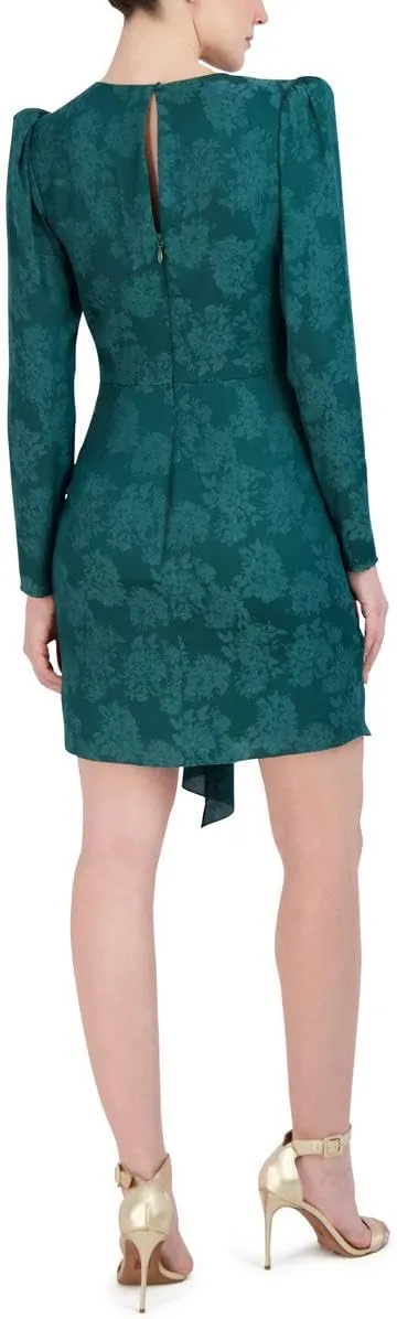 BCBGMAXAZRIA Women's Short Evening Fit and Flare Long Sleeve V Neck Shirred Tulip Skirt Dresses