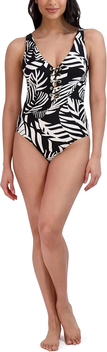 BCBGMAXAZRIA Women's Standard One Piece Swimsuit Lace Up Grommet Tummy Control Quick Dry Bathing Suit