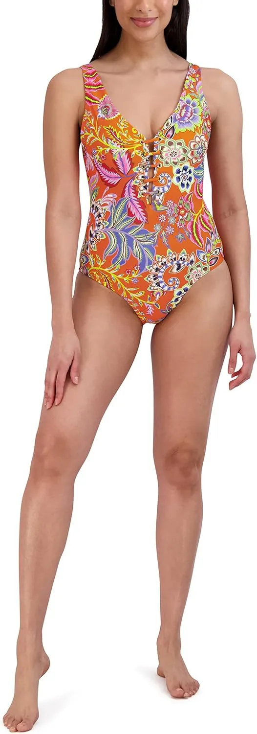 BCBGMAXAZRIA Women's Standard One Piece Swimsuit Lace Up Grommet Tummy Control Quick Dry Bathing Suit