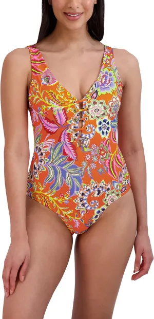 BCBGMAXAZRIA Women's Standard One Piece Swimsuit Lace Up Grommet Tummy Control Quick Dry Bathing Suit