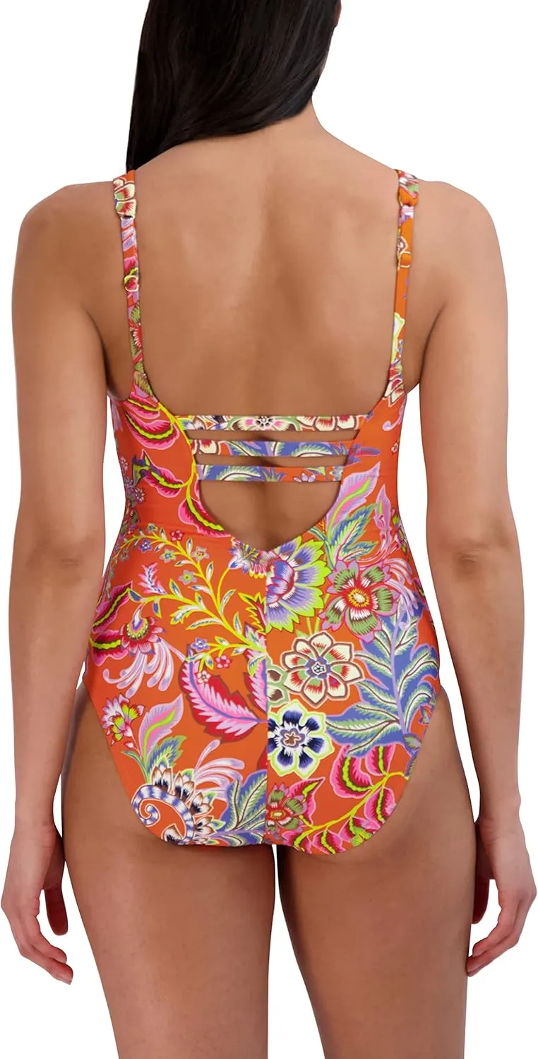 BCBGMAXAZRIA Women's Standard One Piece Swimsuit Lace Up Grommet Tummy Control Quick Dry Bathing Suit