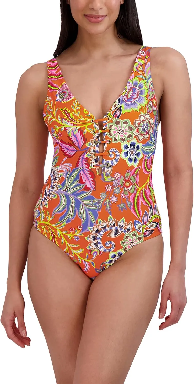 BCBGMAXAZRIA Women's Standard One Piece Swimsuit Lace Up Grommet Tummy Control Quick Dry Bathing Suit