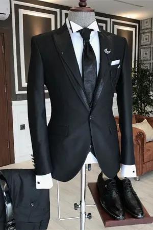 Black Peaked Lapel Three Pieces Business Suits One Button Wedding Suits