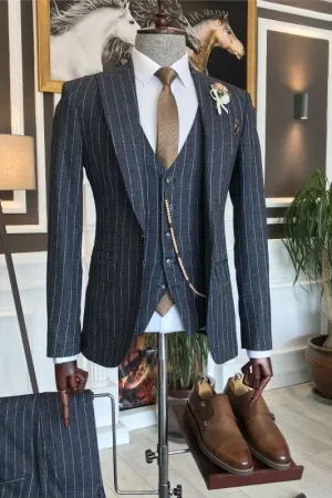 Black Peaked Lapel Three Pieces Business Suits Slim Fit Wedding Men Suit