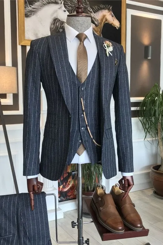 Black Peaked Lapel Three Pieces Business Suits Slim Fit Wedding Men Suit