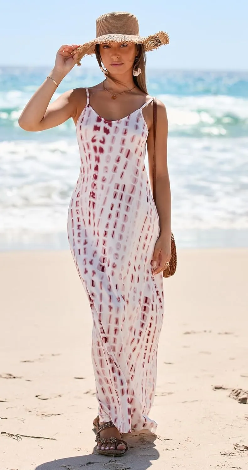 Bluetime Women Summer Spaghetti Strap Maxi Dress V-Neck Sleeveless Flowy Boho Floral Beach Long Dress with Pockets