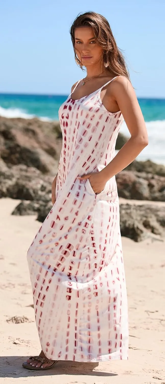 Bluetime Women Summer Spaghetti Strap Maxi Dress V-Neck Sleeveless Flowy Boho Floral Beach Long Dress with Pockets