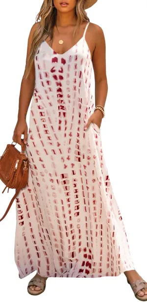 Bluetime Women Summer Spaghetti Strap Maxi Dress V-Neck Sleeveless Flowy Boho Floral Beach Long Dress with Pockets