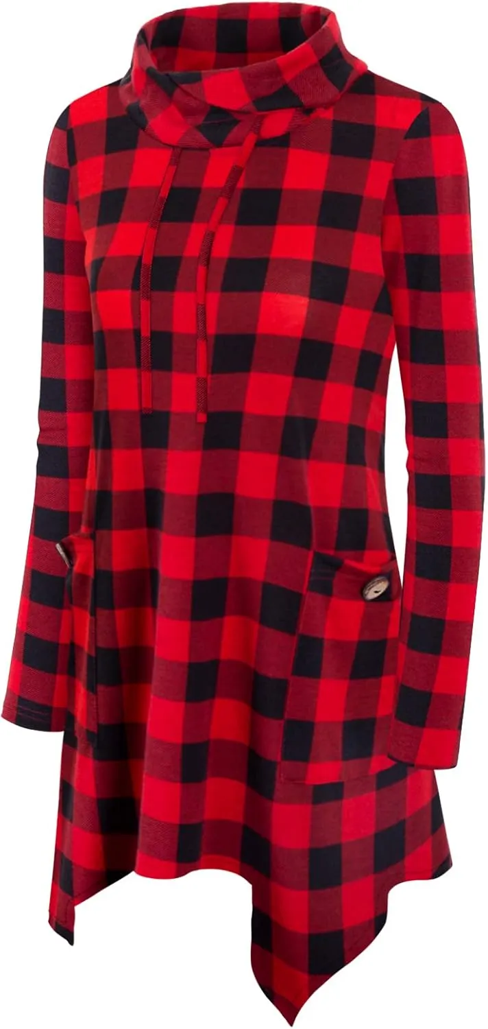 Bulotus Women's Long Sleeve Cowl Neck Asymmetrical Hem Tunic Tops with Pockets