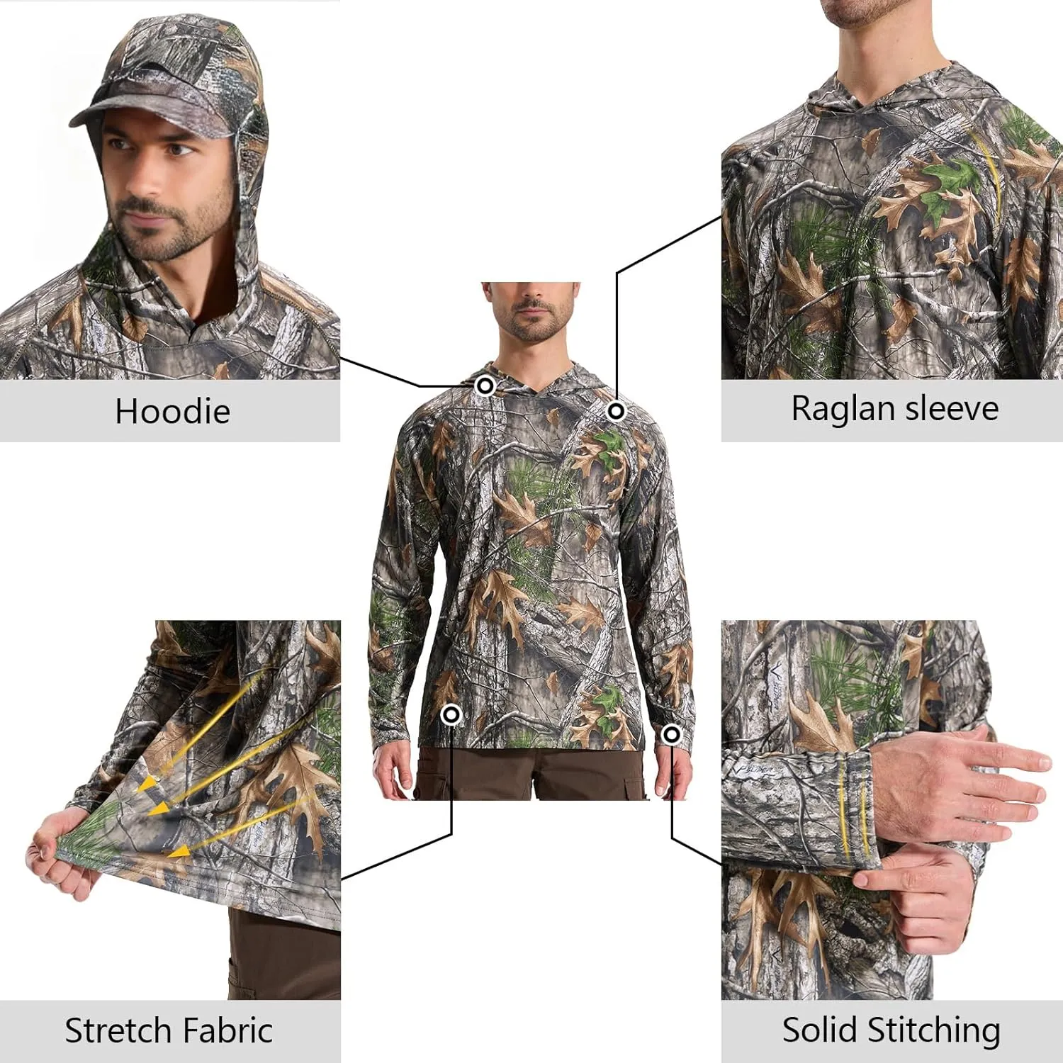 Camo Hoodie Long Sleeves Hunting Shirts for Men Quick Dry UPF 50  Hiking Fishing Shirt with Hood