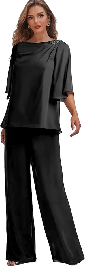 Chiffon Mother of The Bride Pant Suits for Wedding 2 Pieces Long Formal Party Dress Outfit Set with Sleeves