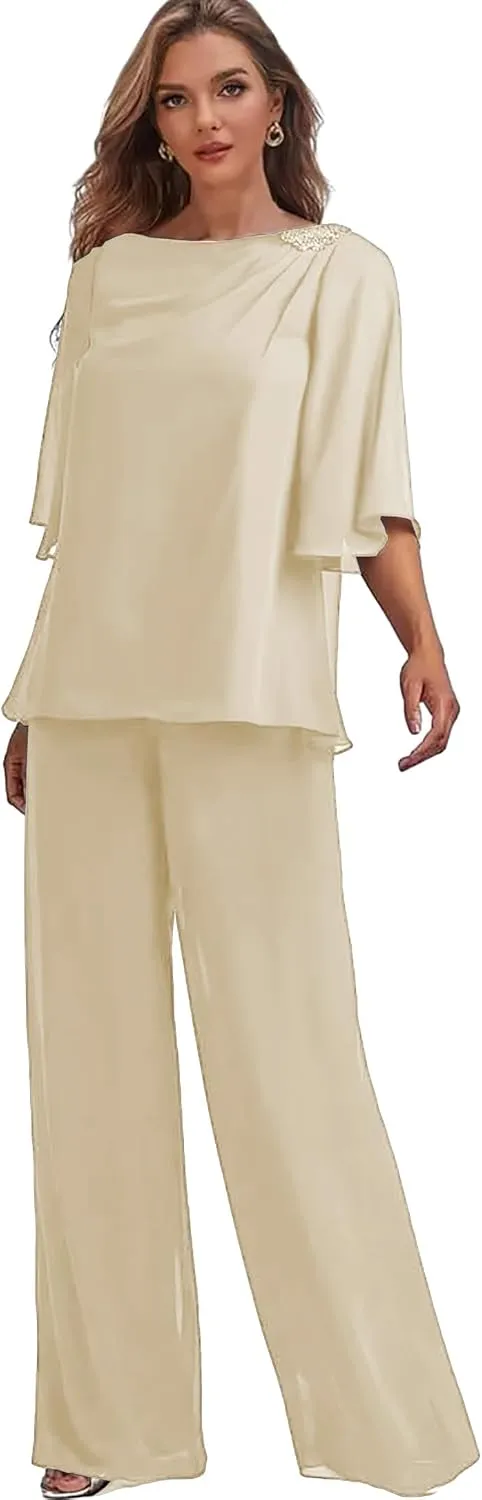 Chiffon Mother of The Bride Pant Suits for Wedding 2 Pieces Long Formal Party Dress Outfit Set with Sleeves
