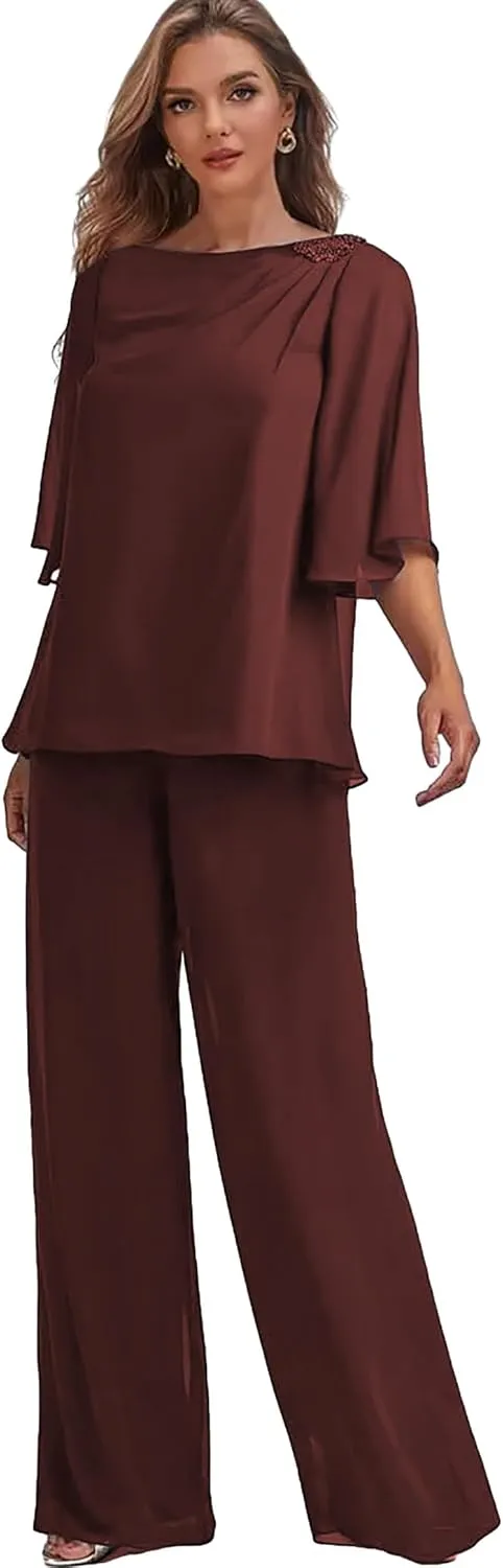 Chiffon Mother of The Bride Pant Suits for Wedding 2 Pieces Long Formal Party Dress Outfit Set with Sleeves
