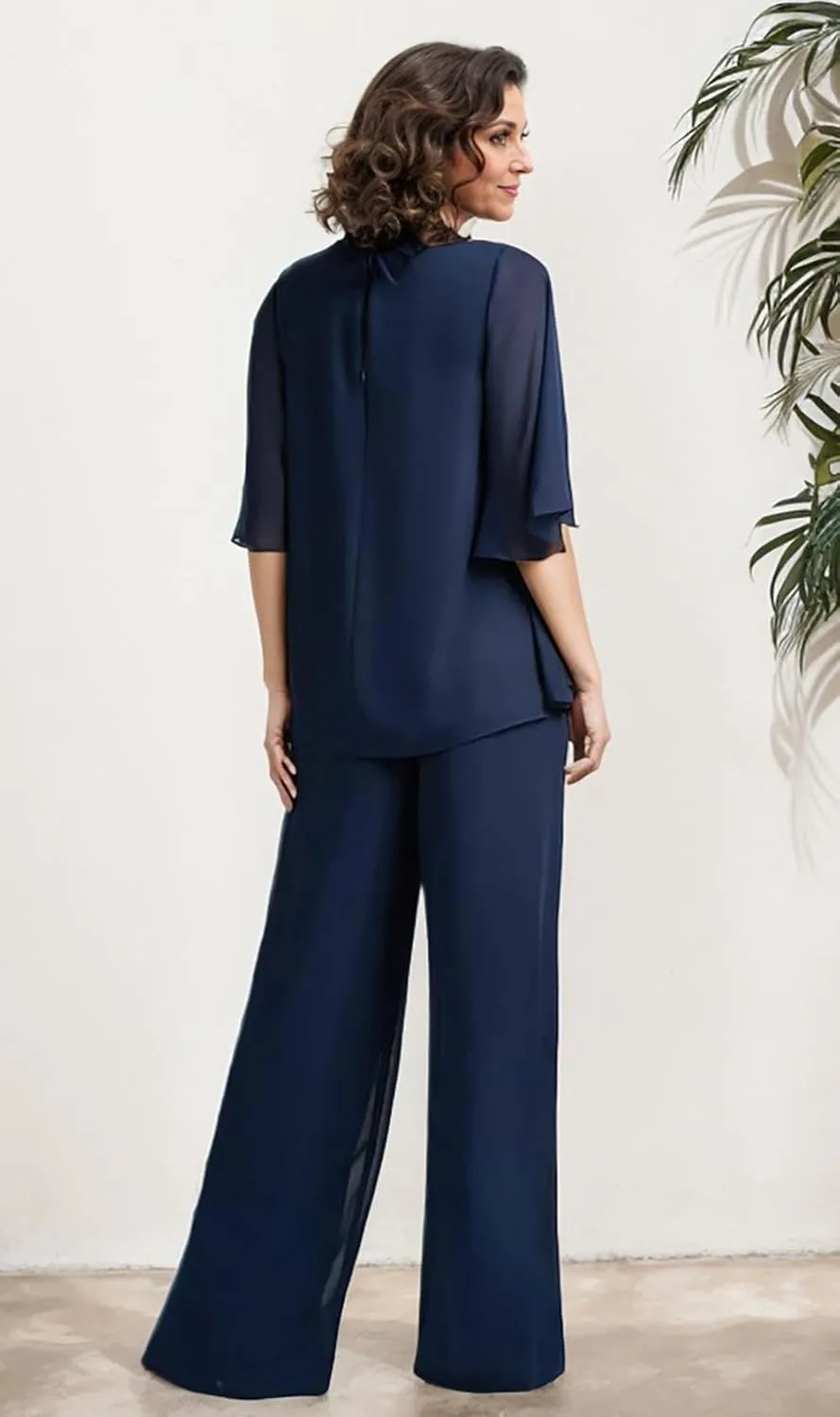 Chiffon Mother of The Bride Pant Suits for Wedding 2 Pieces Long Formal Party Dress Outfit Set with Sleeves