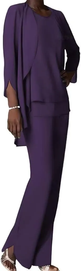 Chiffon Mother of The Bride Pant Suits for Wedding 3 PCS Formal Evening Pant Suits for Women Dressy