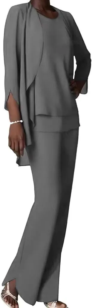 Chiffon Mother of The Bride Pant Suits for Wedding 3 PCS Formal Evening Pant Suits for Women Dressy