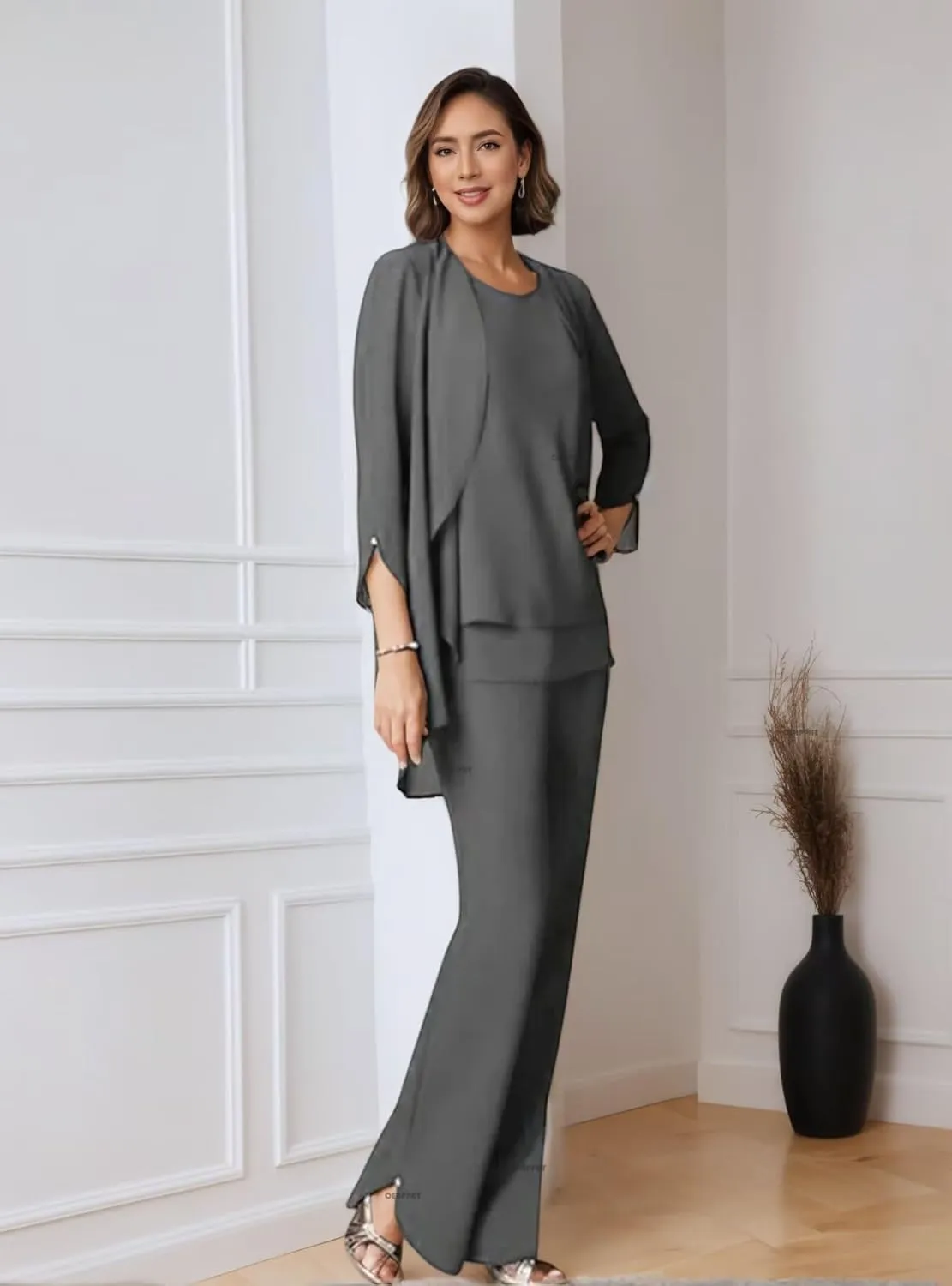 Chiffon Mother of The Bride Pant Suits for Wedding 3 PCS Formal Evening Pant Suits for Women Dressy