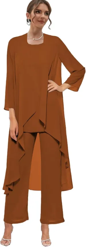 Chiffon Mother of The Bride Pant Suits with Jacket 3 Pieces Formal Dress for Wedding Guest Long Outfit Set
