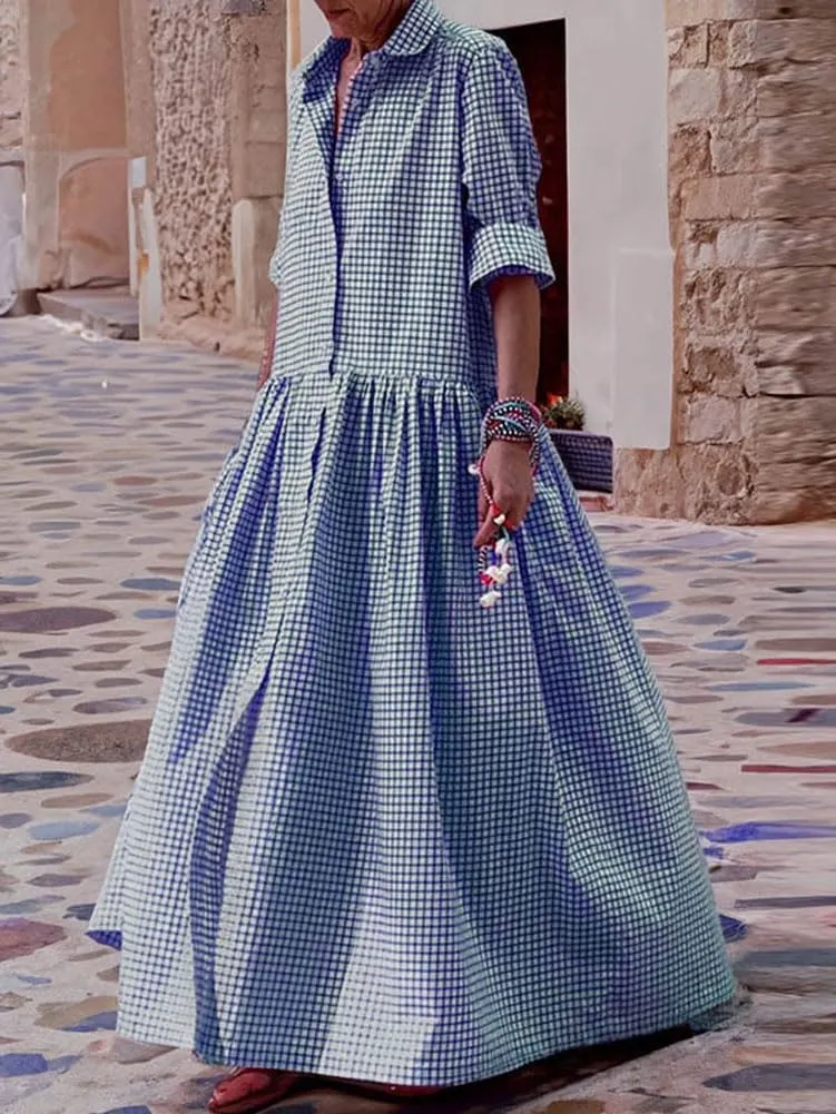 chouyatou Women's Retro Plaid Button Down Maxi Shirt Dress Long Sleeve Button Up Gingham Swing Long Dress