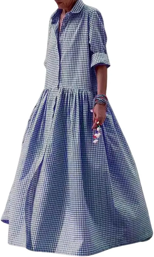 chouyatou Women's Retro Plaid Button Down Maxi Shirt Dress Long Sleeve Button Up Gingham Swing Long Dress