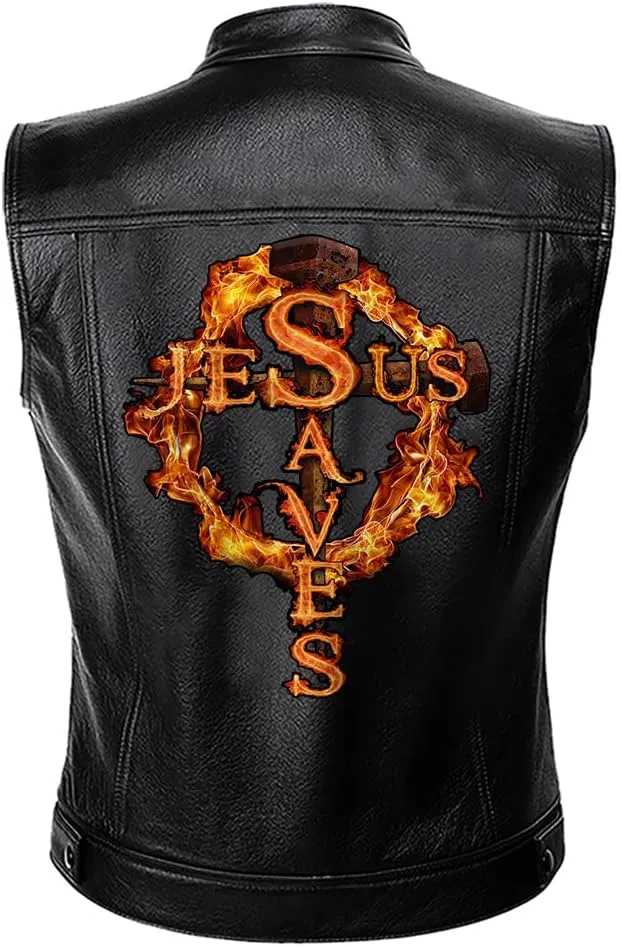 Christian Inspirational Gifts Jesus Saves Cross on Fire Personalized Customize Men Leather Vest Jacket
