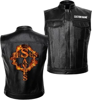 Christian Inspirational Gifts Jesus Saves Cross on Fire Personalized Customize Men Leather Vest Jacket