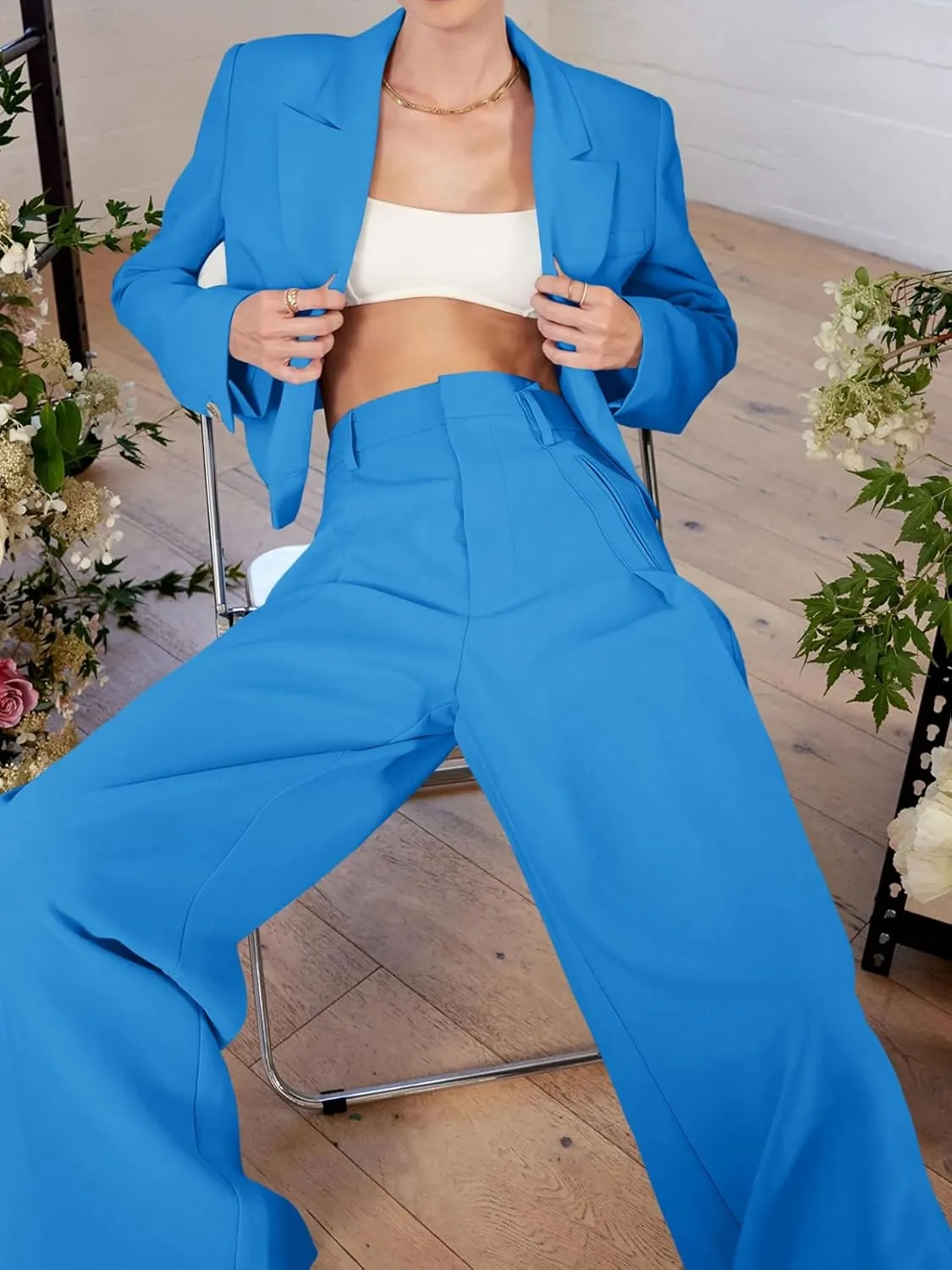 Cicy Bell Womens Cropped Blazer 2 Piece Outfits Business Casual Blazer Jacket and Wide Leg Work Pants Suit Sets