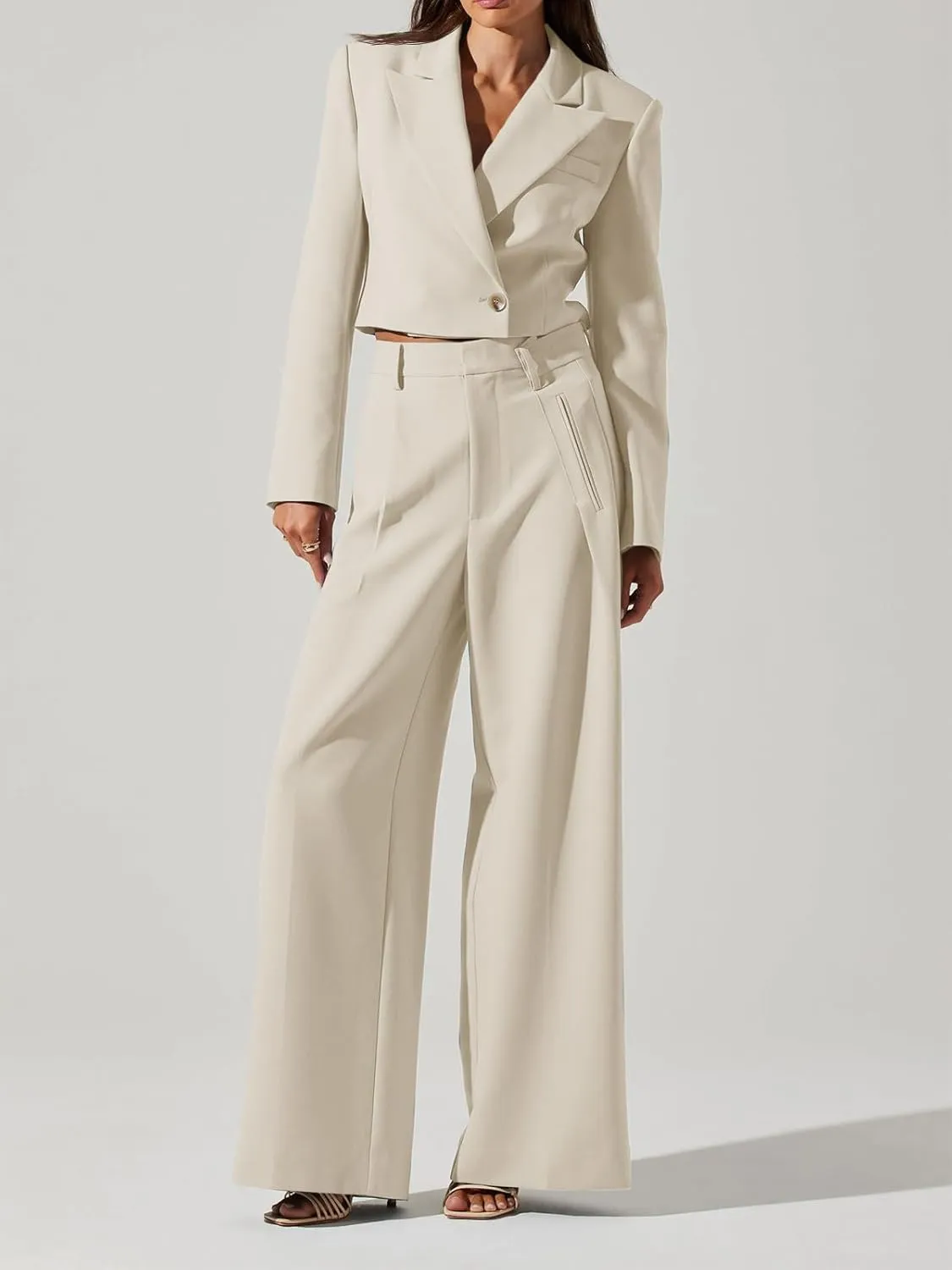 Cicy Bell Womens Cropped Blazer 2 Piece Outfits Business Casual Blazer Jacket and Wide Leg Work Pants Suit Sets