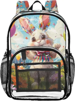 Clear Bag for Women Travel Colorful Rabbit Easter Bunny Kids Backpack for Girls Approved Plastic Bag Large