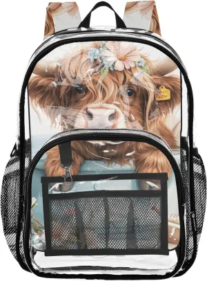 Clear Bag for Women Travel Cute Highland Cow Calf Kids Backpack Boys Girls School Clear Plastic Bag Pvc