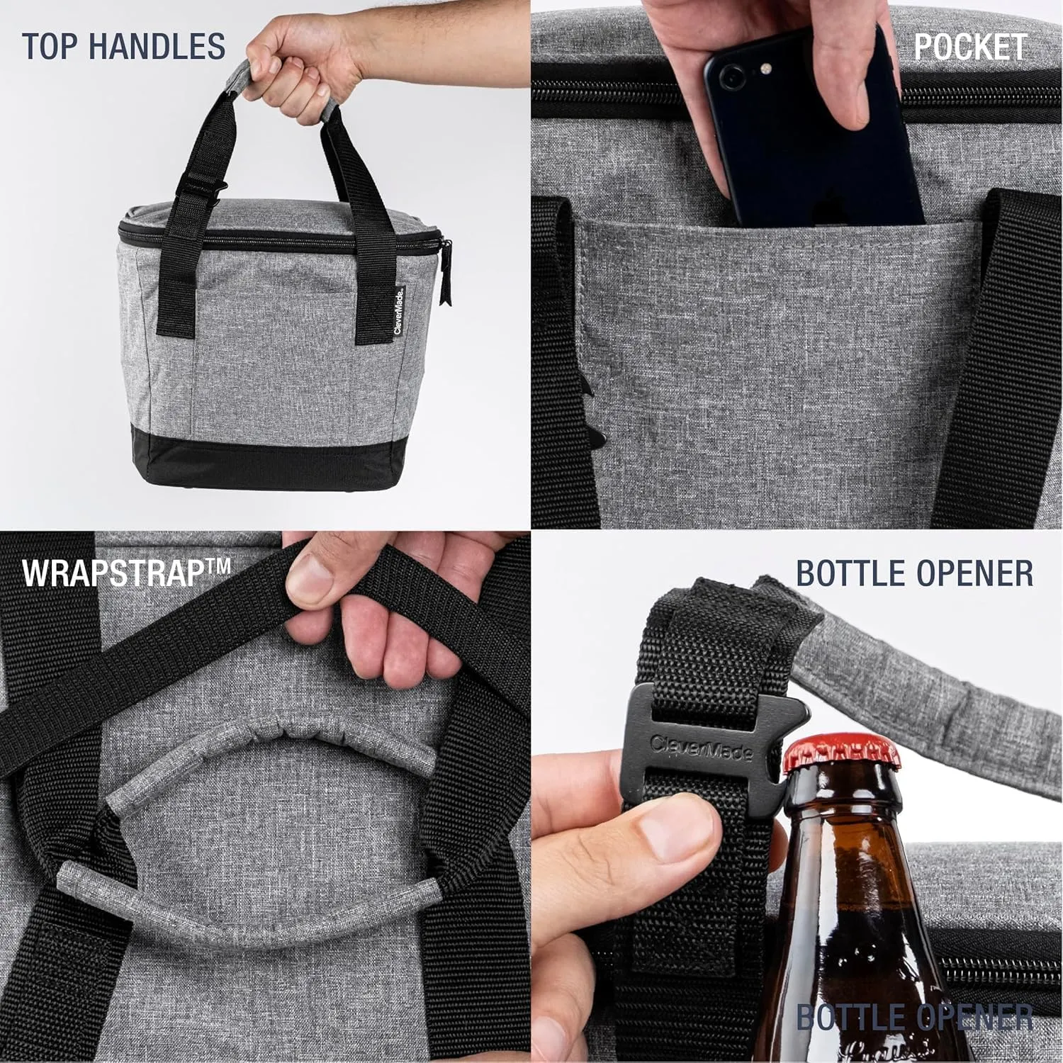CleverMade Tahoe Collapsible Insulated Cooler Bag  18 Can Leakproof Soft Cooler for Beach, Travel, Car  Bottle Opener  Cool Gray/Midnight