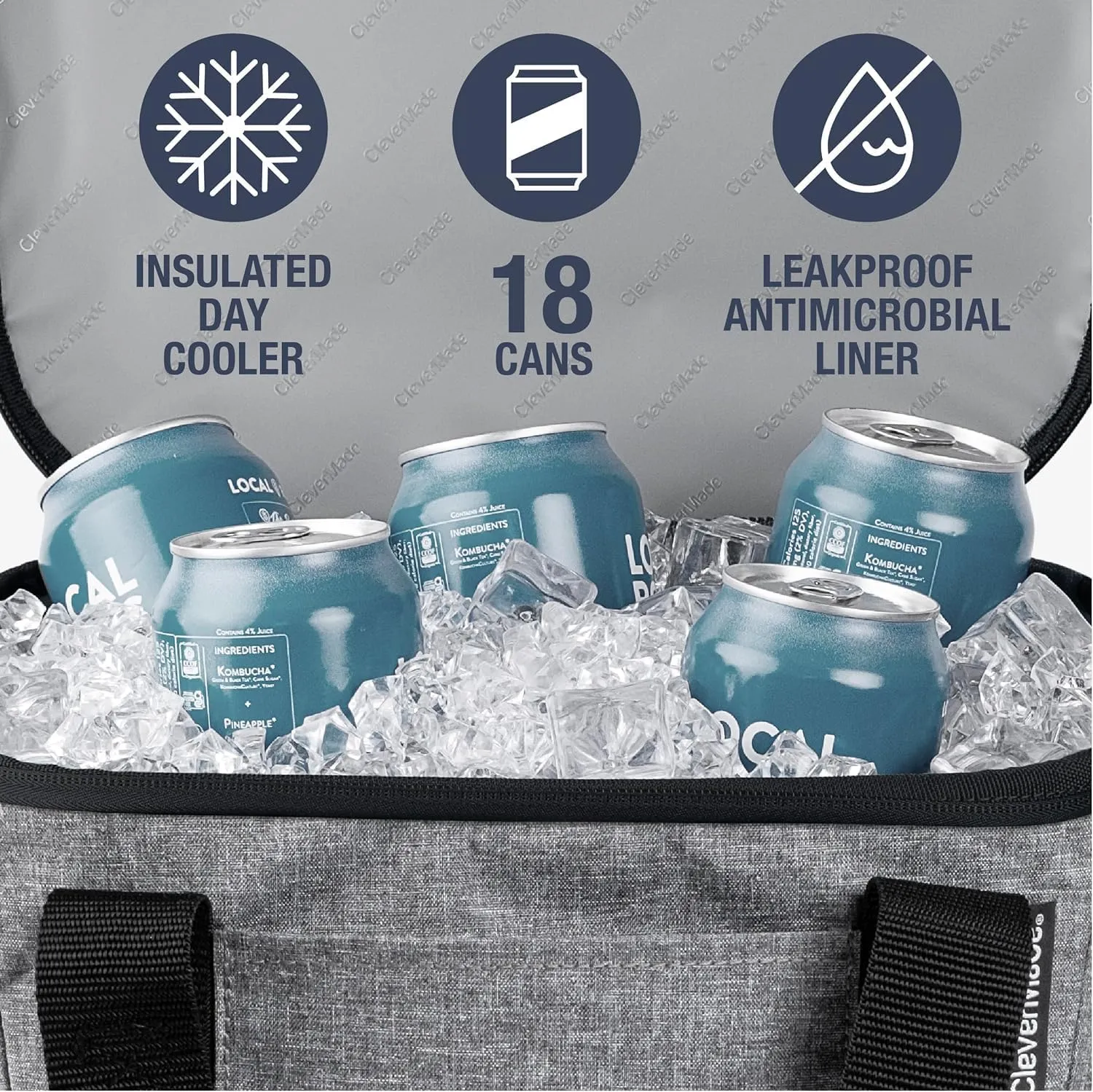 CleverMade Tahoe Collapsible Insulated Cooler Bag  18 Can Leakproof Soft Cooler for Beach, Travel, Car  Bottle Opener  Cool Gray/Midnight