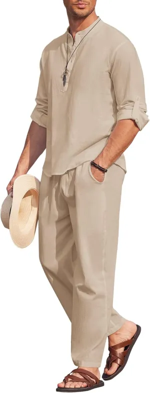 COOFANDY Men's 2 Pieces Cotton Linen Set Long Sleeve Henley Shirts Casual Beach Pants With Pockets Summer Yoga Outfits