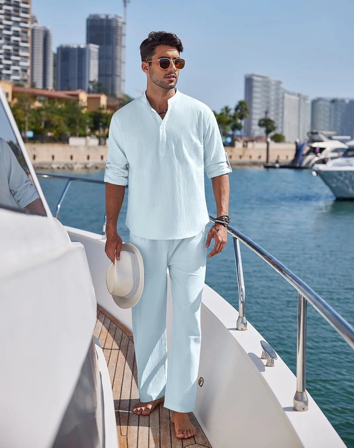COOFANDY Men's 2 Pieces Cotton Linen Set Long Sleeve Henley Shirts Casual Beach Pants With Pockets Summer Yoga Outfits