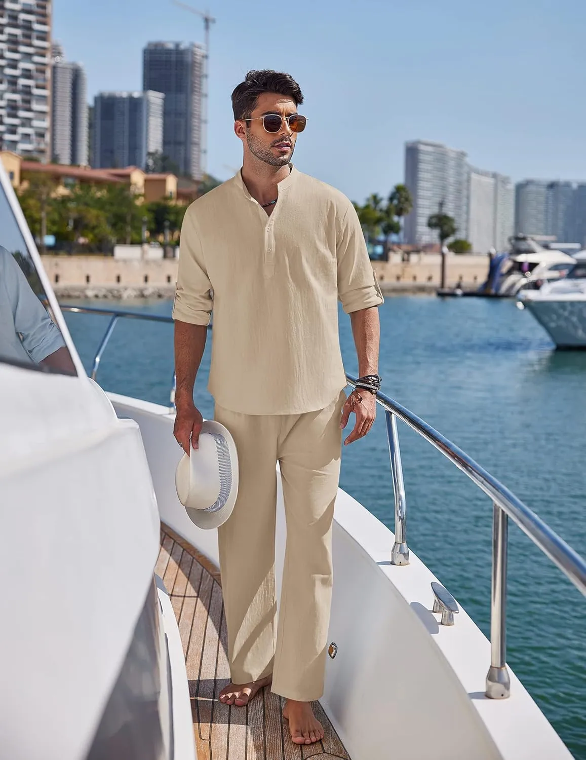 COOFANDY Men's 2 Pieces Cotton Linen Set Long Sleeve Henley Shirts Casual Beach Pants With Pockets Summer Yoga Outfits