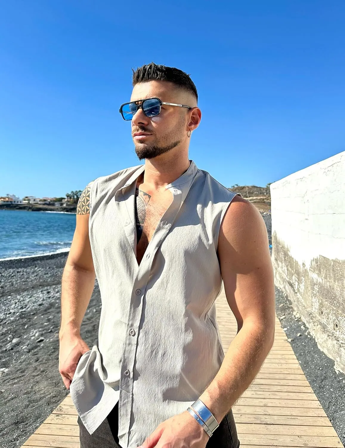 COOFANDY Men's Summer Beach Tank Tops Sleeveless Button Up Shirt Casual Textured Tank Shirts