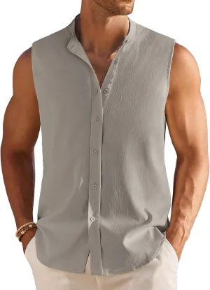 COOFANDY Men's Summer Beach Tank Tops Sleeveless Button Up Shirt Casual Textured Tank Shirts