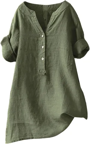 Cotton Linen Shirts for Women 2024 Buttons V Neck Long Sleeve Tops Summer Trendy Blouses Casual Loose Tunic Tops
