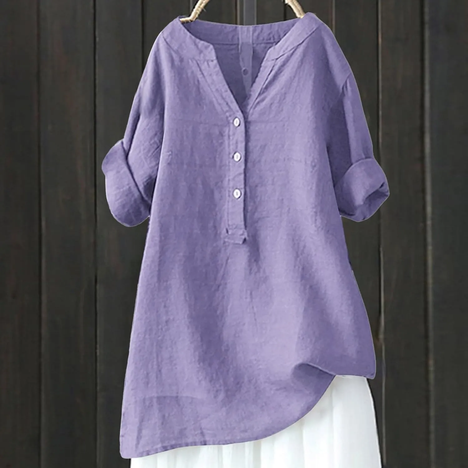 Cotton Linen Shirts for Women 2024 Buttons V Neck Long Sleeve Tops Summer Trendy Blouses Casual Loose Tunic Tops