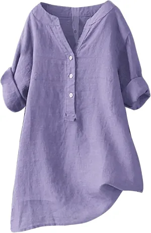Cotton Linen Shirts for Women 2024 Buttons V Neck Long Sleeve Tops Summer Trendy Blouses Casual Loose Tunic Tops